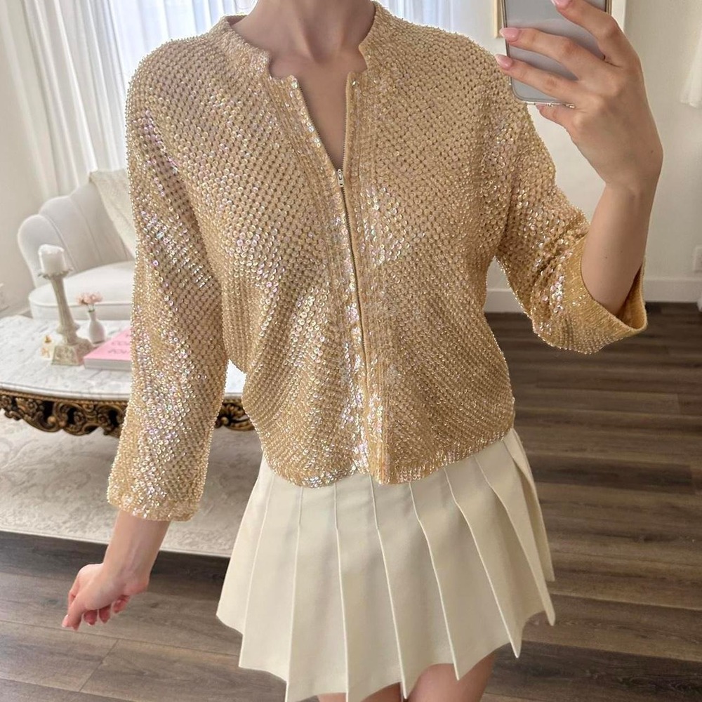 60's Vintage Sequin Beaded Iridescent Pastel Yellow Knit Zip Up